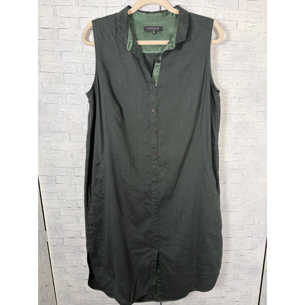 Lafayette 148 women's dress‎ shirt hunt green sleeveless feminine quiet luxury